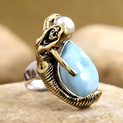 Mermaid Ring The Goddess Of Sea Antiqued Silver Gold Larimar Focal Ocean Jewelry • $62.04