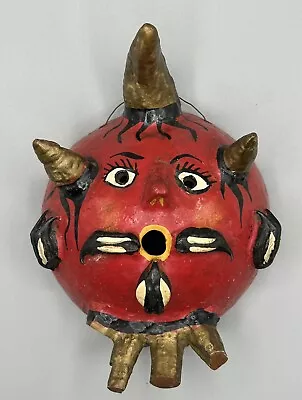MEXICAN Coconut Folk Art Mask: DEVIL With So Many Horns Hand-Painted Vintage • $35