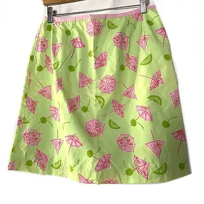 Lilly Pulitzer Vintage Skirt Green Pink Umbrella Drink Lime Cherry Cotton 10 M • $22.49