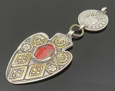 925 Silver - Vintage Etched Lion Writing & Flower Colored Glass Pendant- PT20254 • $90.90