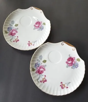 UCAGCO Fine China Set Of 2 Snack Plates Ribbed Shell Flowery Pattern • $29.99