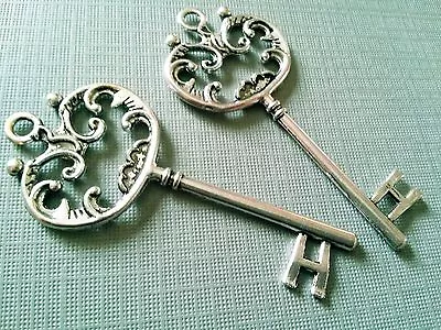 10 Large Skeleton Key Pendants Antiqued Silver Big BULK Steampunk Supplies 68mm • $7.60