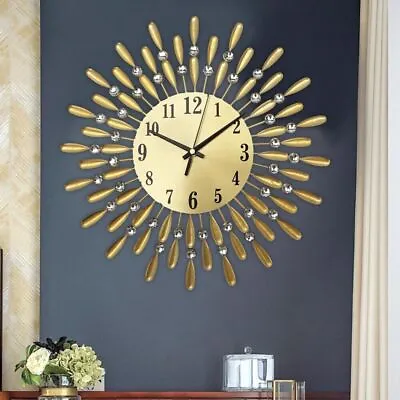 3D 38cm Gold Modern Large Diamante Crystal Sunburst Wall Clock Living Bedroom UK • £19.68