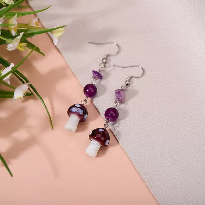 FREE 1 Pairs Purple Cute MUSHROOM Murano Glass Stone Bead Silver Dangle Earrings • $0.54