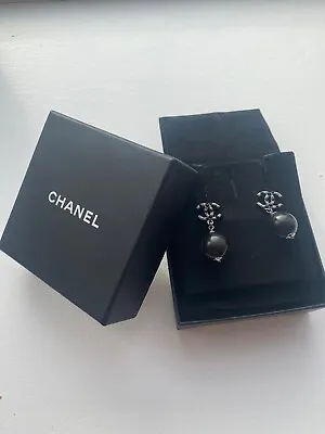 Chanel Ruthenium Crystal & Black Pearl CC Dangle Drop Stud Earrings Jewellery • £449.99