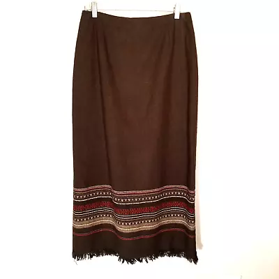 Michele Wool Blend Skirt Vintage Womens Size 12 Brown Midi Fringe Embroidered • $18.59