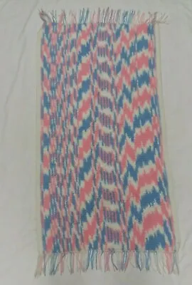 $19.95 • Buy Handmade Crochet Afghan Throw Blanket 52 X25   Baby Blanket Pink Blue And White