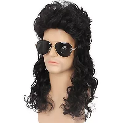  Mullet Wig Mens Black Long Curly Wigs Hair 70s 80s Male Wig Halloween  • $32.05