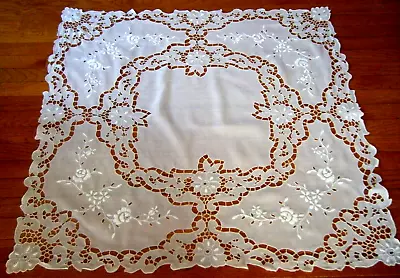 Antique Tablecloth Drawn Work W  Needle Lace Fancy Emb/ry Italy Linen Square • $75.99