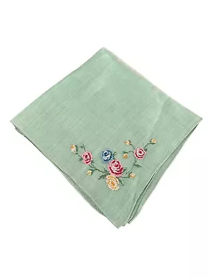 Vintage Green Linen Hankerchief Hankie 11  X 11  Embroidered Floral Spring • $19.98