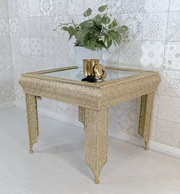 £95 • Buy Antique Gold Side Table Embossed Moroccan Style Metal Glass (GZ426)