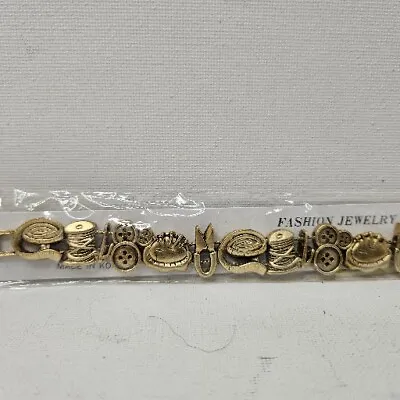 Gold Tone 12 Charms Sewing Slide Bracelet Vintage Unique • $7.85