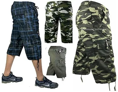 New Mens 3/4 Long Length Shorts Elasticated Waist Cargo Combat Three Quarter 3/4 • £9.99