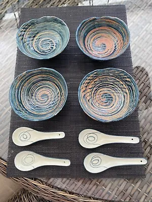 $29.90 • Buy Beautiful Pottery Soup Bowls With Spoons Gorgeous Set Of 4 Blue