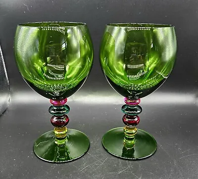 Pier 1 Colorful Green Multicolored Stem Goblet Wine Glass Hand Blown Pair • $24.99
