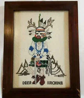 Vintage Framed Needlepoint Cross Stitch Southwest Native American Deer Kachina • $19.99