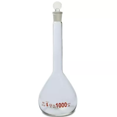 1000ml Volumetric Flask 3.3 Boro Glass Class A Ground Stopper KarterSci (Single) • $22.99