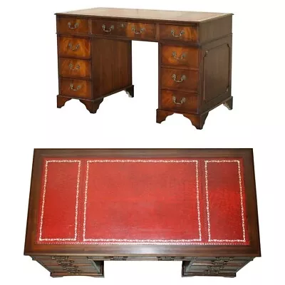 Vintage Oxblood Leather Twin Pedestal Partner Desk With Gold Leaf Embossed Top • $1181.18