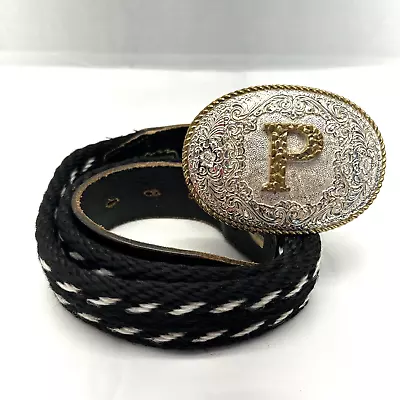 Nocona Belt Men's Size 34 Western Woven With Leather Large Buckle With Letter P • $18.95