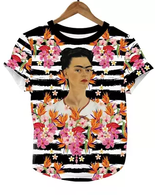 Frida Kahlo Full Print Graphic Tee Mexican T-Shirt Black Striped • $11.25