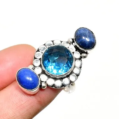 $3.99 • Buy Swiss Blue Topaz, Lapis Lazuli Gemstone Handmade Gift Jewelry Ring Size 7 R872