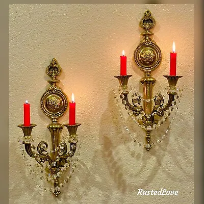 Vintage Wall Candle Sconces Hanging Crystals Candle Holders Pair Candelabras • $268