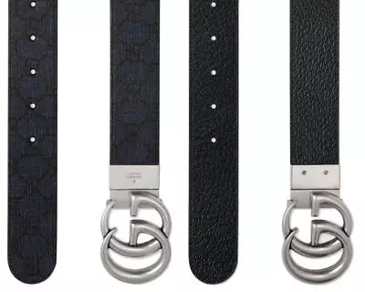 New Gucci Gg Marmont Blue Dark Blue Reversible Leather Canvas Logo Belt 110/44 • $503.49