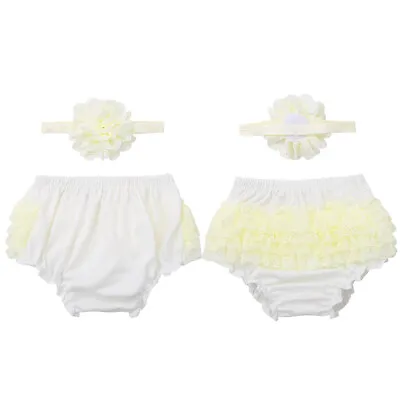 Baby Girls Ruffled Diaper Cover Bloomers Frilly Lace Knickers With Headdress Set • £4.64