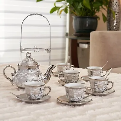 20pc Tea Set Tea Pot 6 Cups Saucers W/Rack Silver 3 Oz Cup Gift Teapot Coffee • $39.99