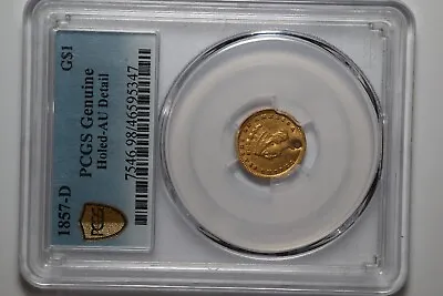1857-D Gold Dollar PCGS AU Detail Holed At 6:00 RARE • $3499