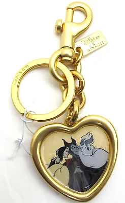 NWT COACH X Disney 3 Villains Heart Keychain Keyfob Bags Charm CC316 Gold Metal • $101.08