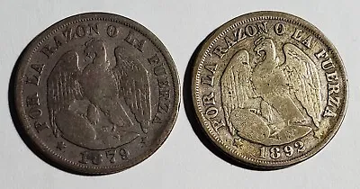 2pc Chile Silver Coin Lot 1879 & 1892 20 Centavos • $15