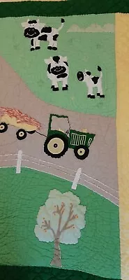  Quilted Farm Country  Baby Blanket Sheep Horse Green Tractor  Used   Clean • $17.98