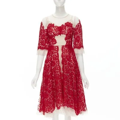 DOLCE GABBANA Red Lace Panel Pink Sheer Silk Fit Flared Cocktail Dress IT36 XS • $498