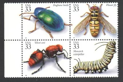 Unused US Postage Block 33 Cent Stamps INSECTS & SPIDERS Velvet Ant / Flower Fly • $4.25