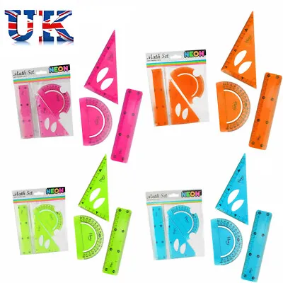 Neon Maths Set Bright Colours School Math Flexible Ruler Protractor Square 3 PC • £2.89