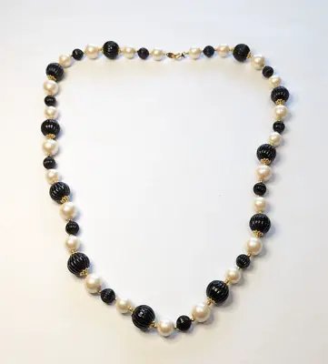 Vintage Trifari Gold Tone Faux Pearl Black Ribbed Beaded Necklace 29  Long • $19.99
