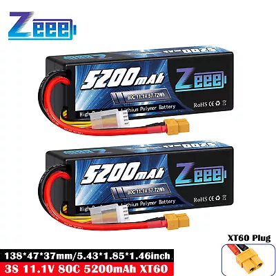 2x Zeee 3S Lipo Battery 11.1V 5200mAh 80C XT60 Hardcase For RC Car Truck Boats • £61.99