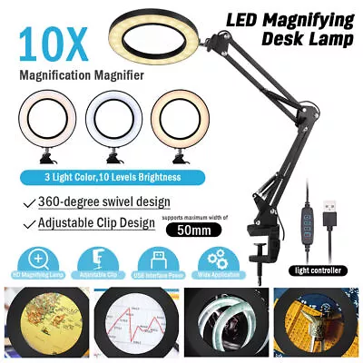 10 X Magnifier Foldable Glass LED Desk Lamp Light Stand Clamp Beauty Magnifying • £18.99