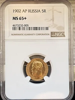 1902 Russia 5 Rouble Ruble Gold Uncirculated Coin MS65+ NGC • $550