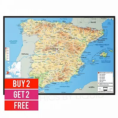 Map Of Spain Portugal Showing Major Citys And Towns Poster - A5 A4 A3  • £3.99