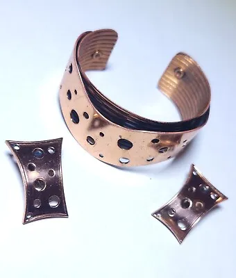 Renoir Matisse Copper Bracelet Earring Set Swiss Cheese Clip On Cuff Vintage • $80