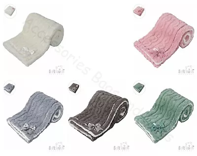 New Baby Wrap Cable Knit Satin Trim Bow Soft Sherpa Back Pram Blanket Soft Touch • £17.99