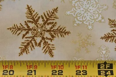 20  Long Metallic-Gold & Brown Snowflakes On Tan Quilt Cotton Hoffman N6158 • $5