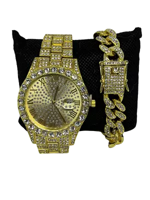 Watch & Bracelet Set Gold Bling Cubic Zirconia Studded Iced Out Diamond Effect • £19.95