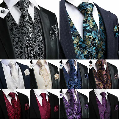 $20.99 • Buy USA Mens Silk Vest 5PC Paisley Floral Solid Waistcoat Tie Clip Set Formal Top