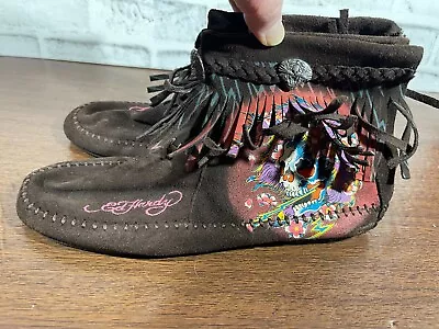 Ed Hardy Brown Suede Fringe Skull Ankle Moccasins Geisha Accents Tiger • $23.72