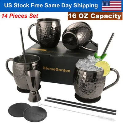 Black Moscow Mule Mugs - Pure Solid Hammered Stainless Steel Copper Mug Set Of 4 • $26.86