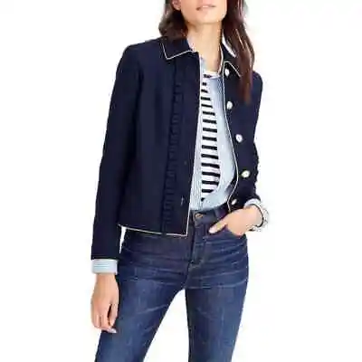 J Crew Navy Blue Lady Piping Jacket Wool Ruffled Gold Button Up Long Sleeve Sz 4 • $102.40