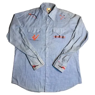 Vtg Western Shirt Mens XL Pearl Snap Embroidered Indian Eskimo Chambray Cowboy • $66.72